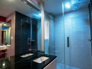 Brand-new ensuite bath features 2 sinks (seen in mirror), glass tile, rain shower head--pure luxury!